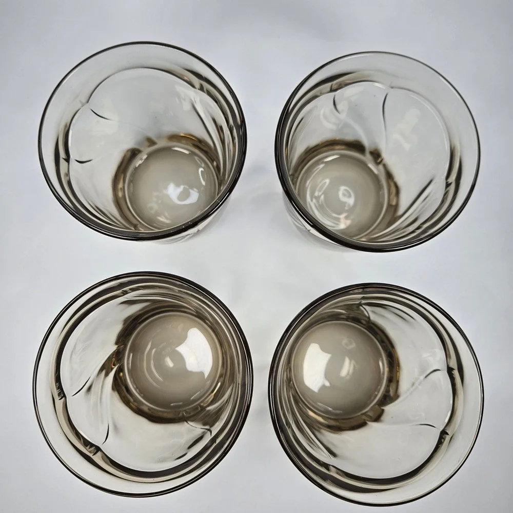 4 Vintage Noritake Sweet Swirl Double Old Fashioned DOF Brown Smoke Glasses EUC‎